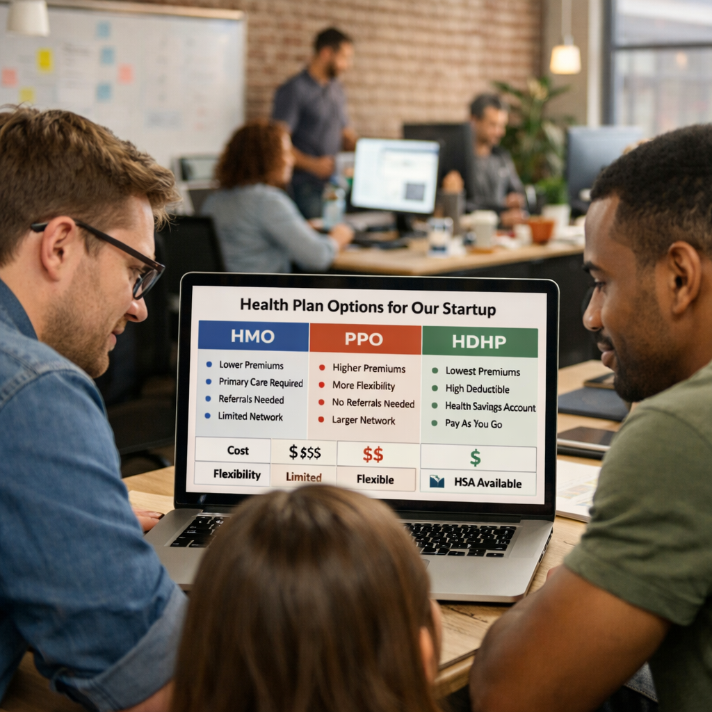 A realistic illustration of a tech startup office with employees looking at health plan options on a laptop screen, alt: