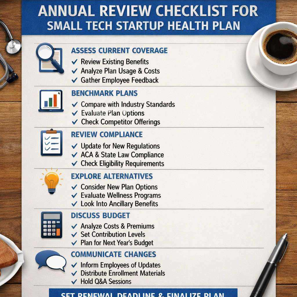 A realistic chart showing annual review steps for group health insurance, alt: annual review checklist for small tech st