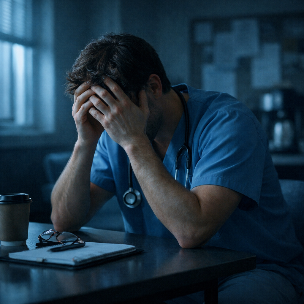 Exhausted healthcare professional showing signs of burnout at work.