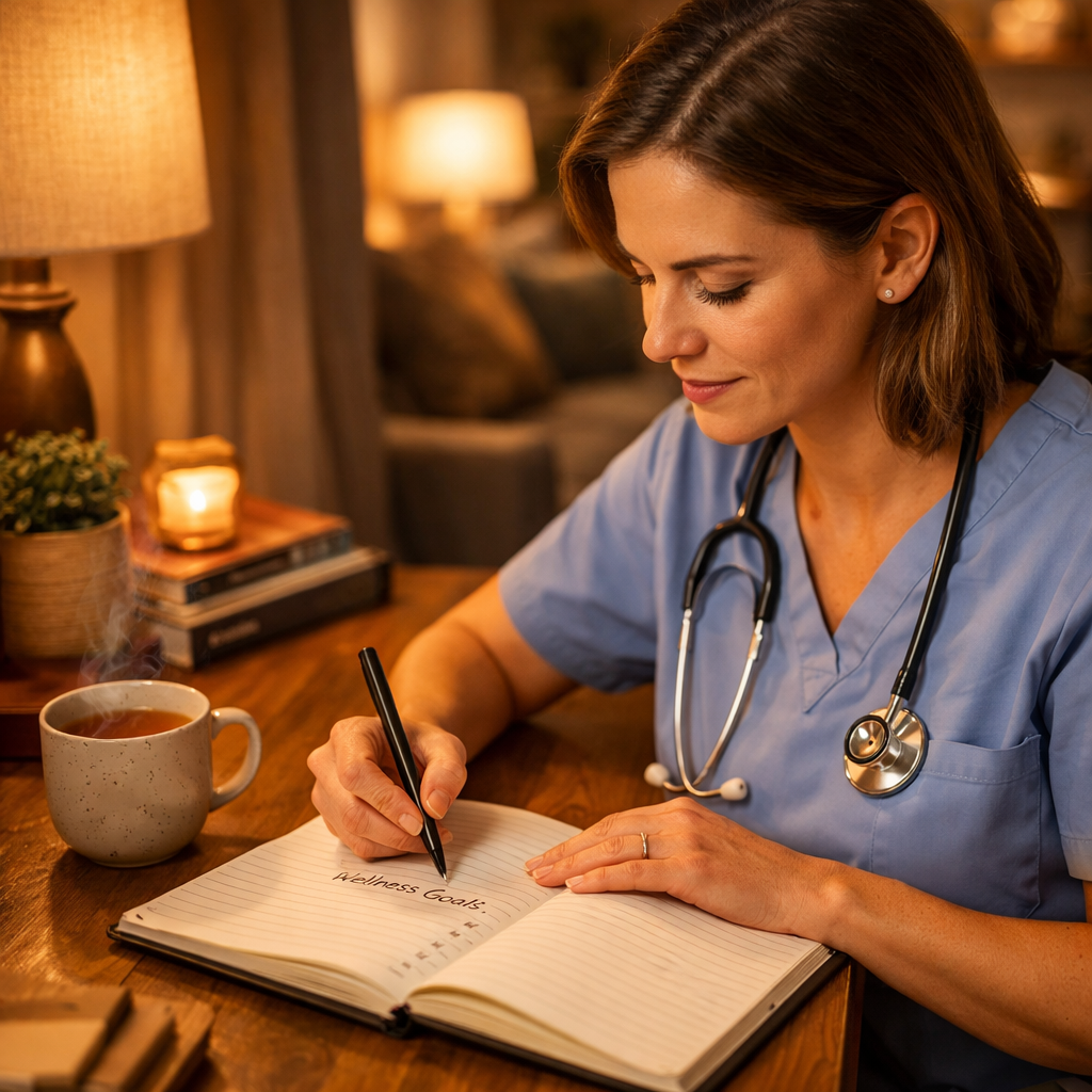 Healthcare professional creating a personalized wellness action plan at home.