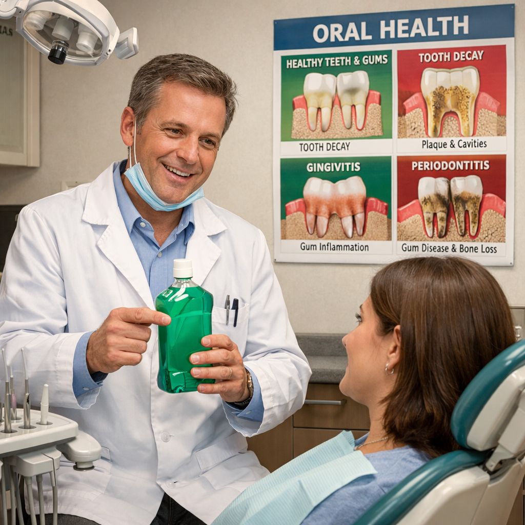 dentist consulting on mouthwash usage