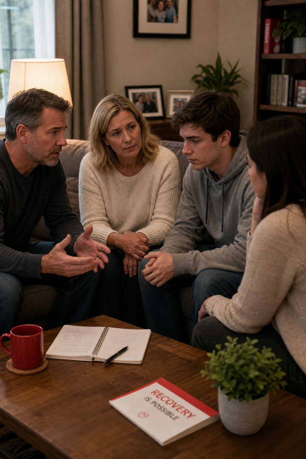 family members discussing a drug intervention at home