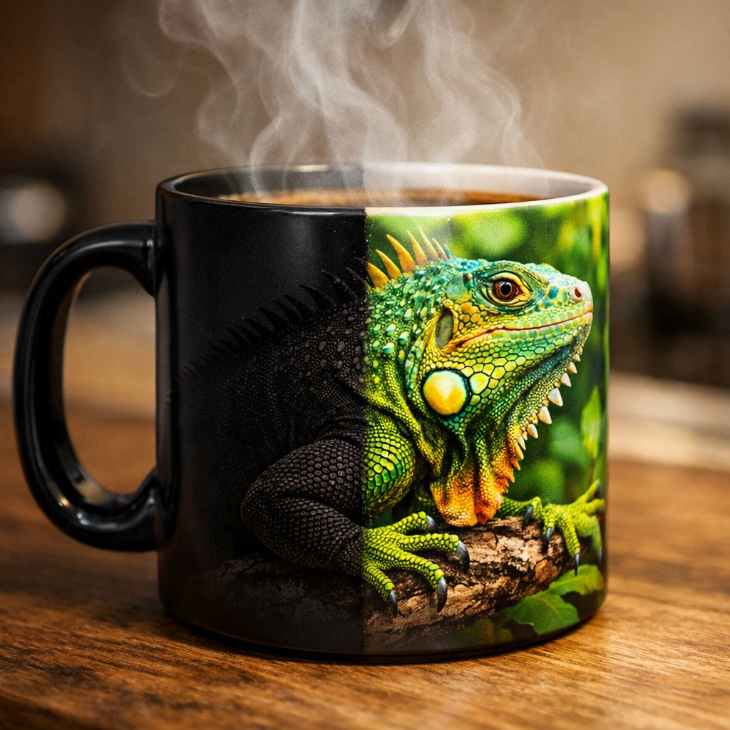 heat‑reactive iguana coffee mug demonstration
