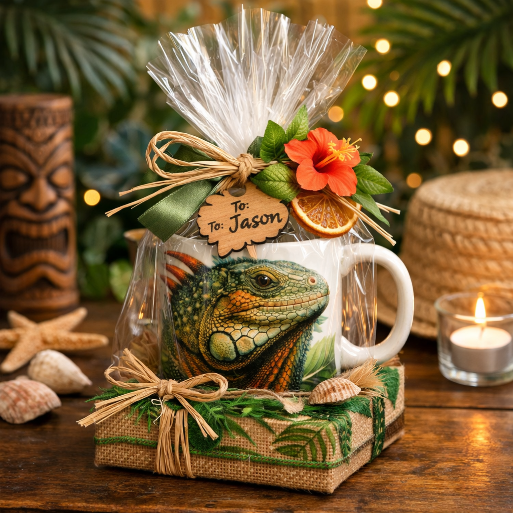 festive gift wrapping ideas for iguana coffee mug