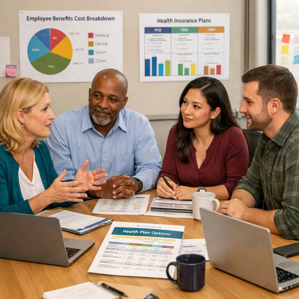 nonprofit staff reviewing health benefit options