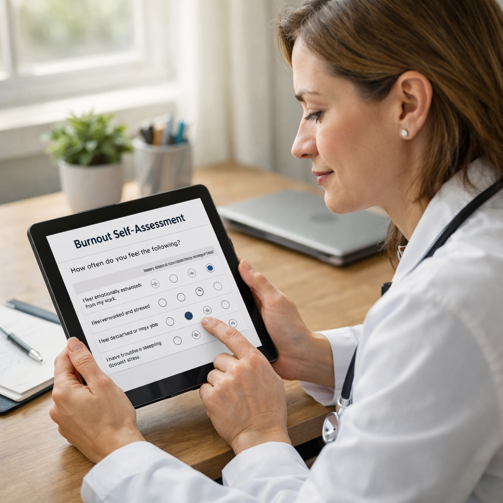 Doctor completing a burnout self-assessment tool on a tablet.