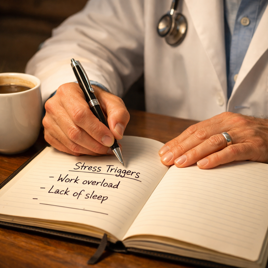 Healthcare professional journaling stress triggers as part of a burnout self assessment.