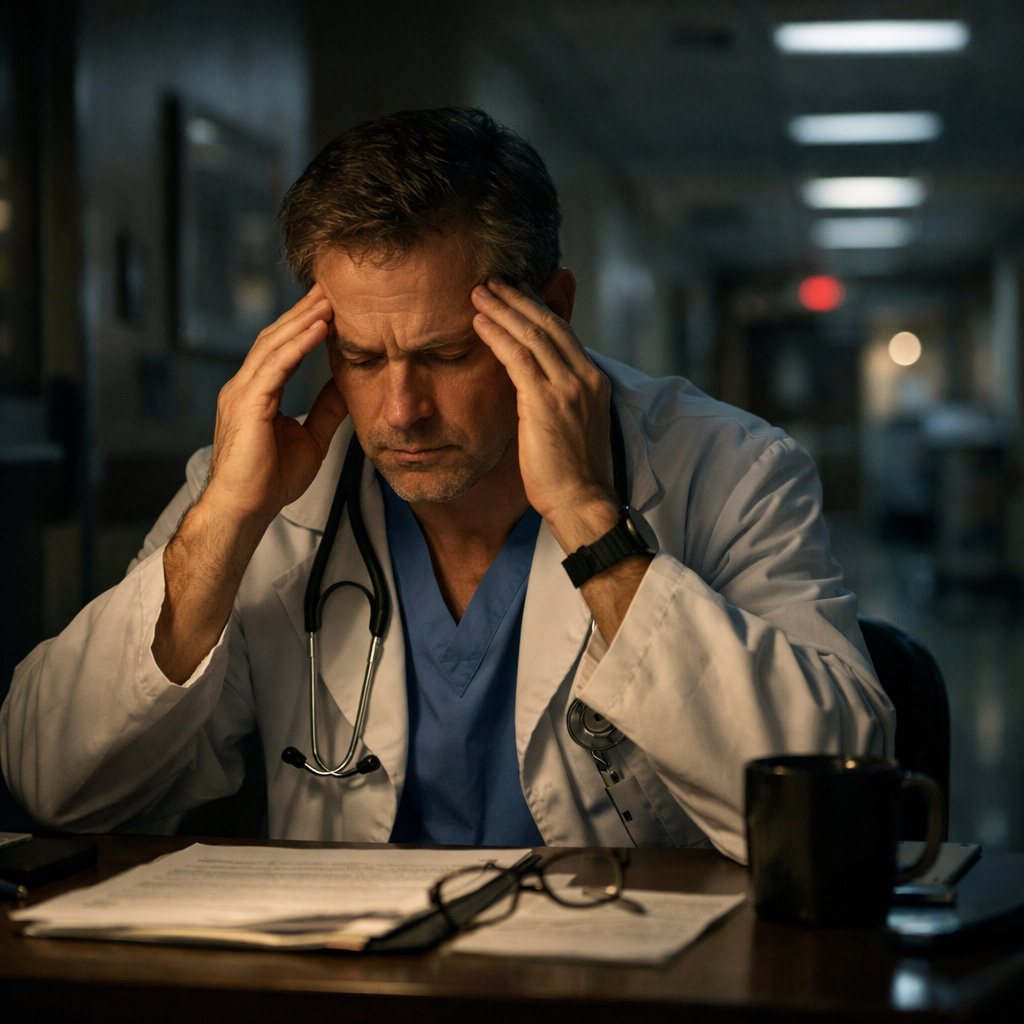 Physician experiencing stress and burnout symptoms in a hospital setting.