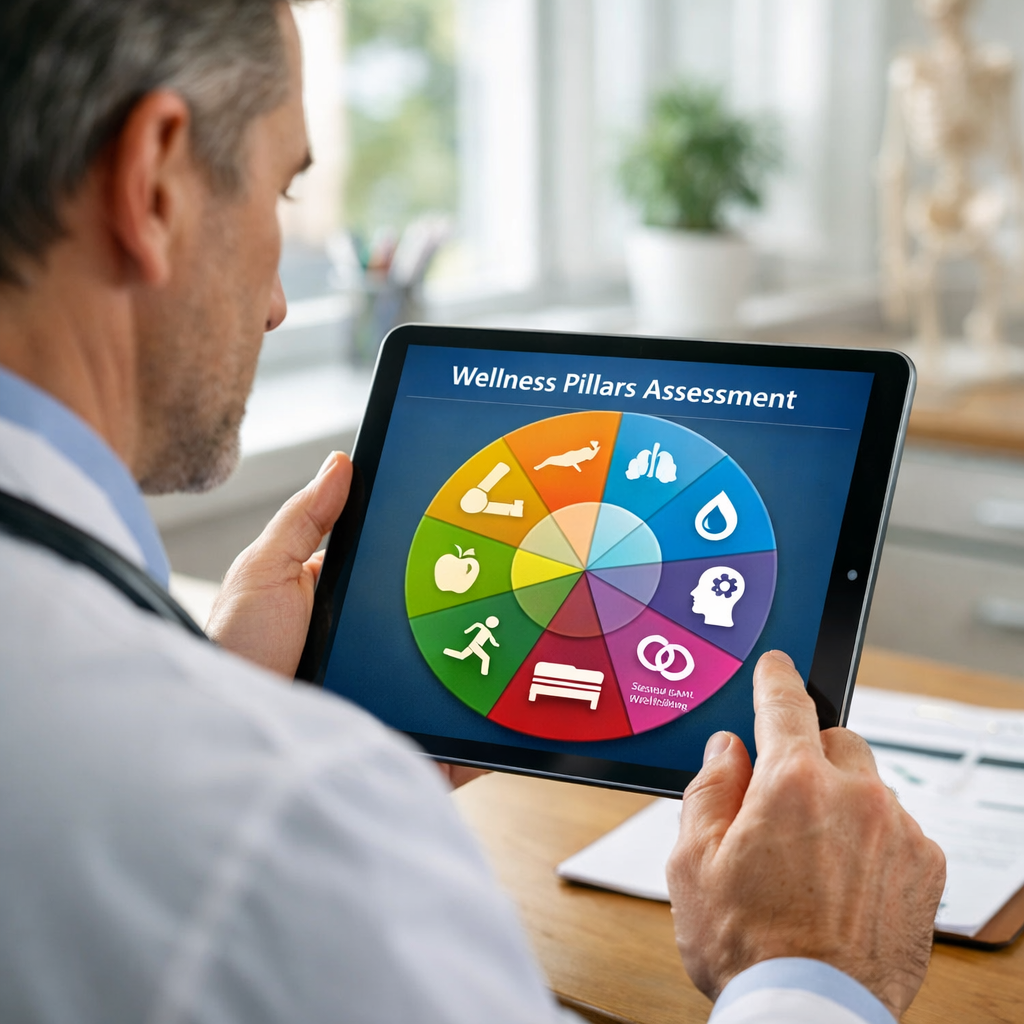 Wellness pillars assessment on digital tablet.