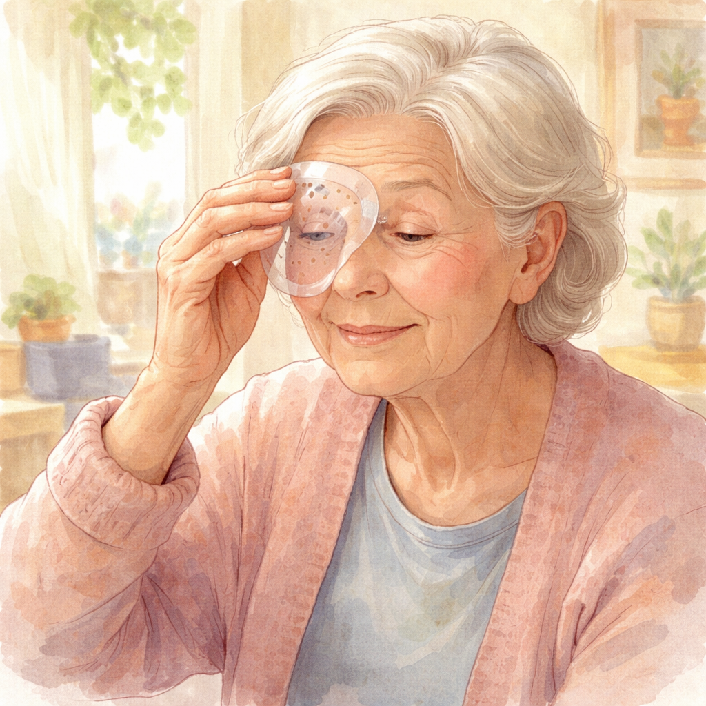 senior using eye shield after cataract surgery