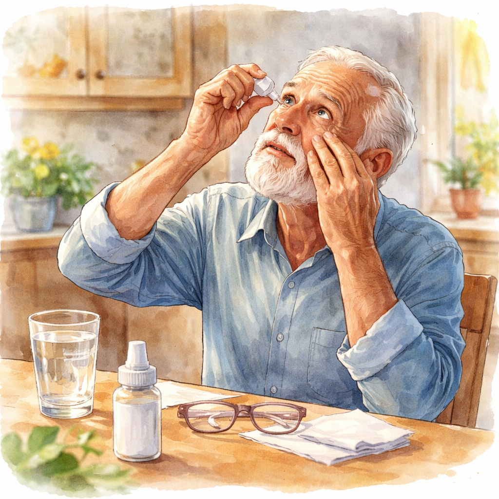 senior using eye drops safely after cataract surgery