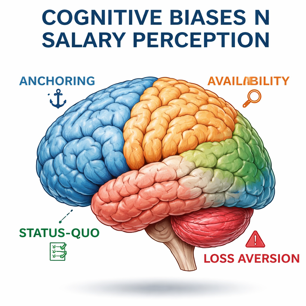 A realistic illustration of a brain with colored zones highlighting anchoring, availability, status‑quo, and loss aversi