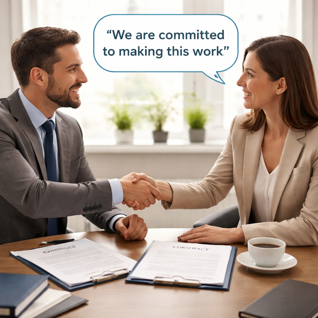 A realistic scene of two professionals shaking hands over a contract, with subtle visual cues like mirrored posture and