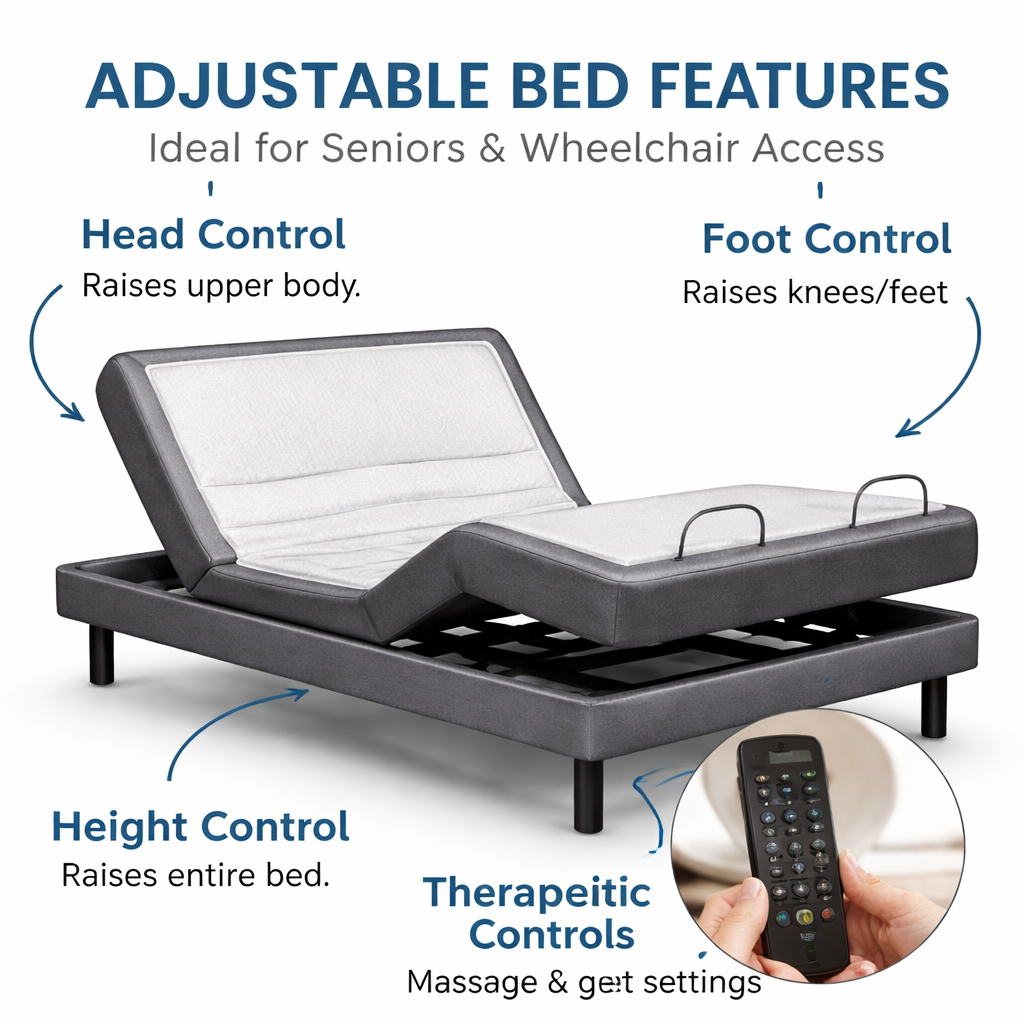 adjustable bed features diagram for seniors wheelchair access.