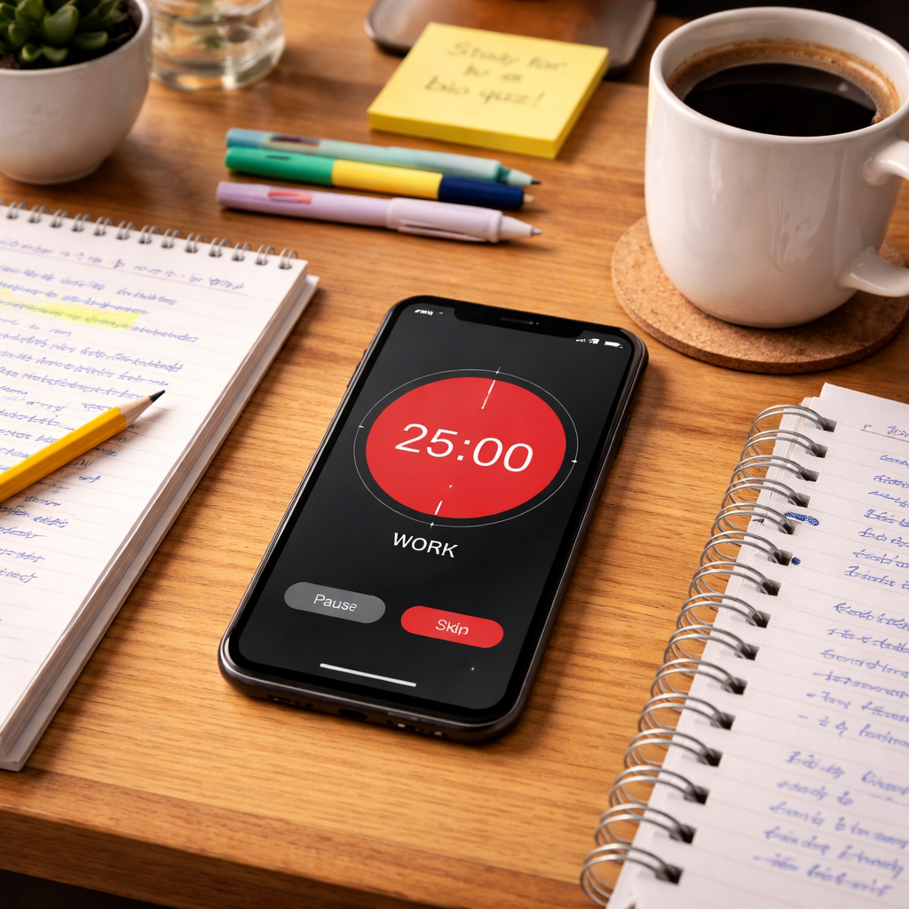 student desk pomodoro timer setup