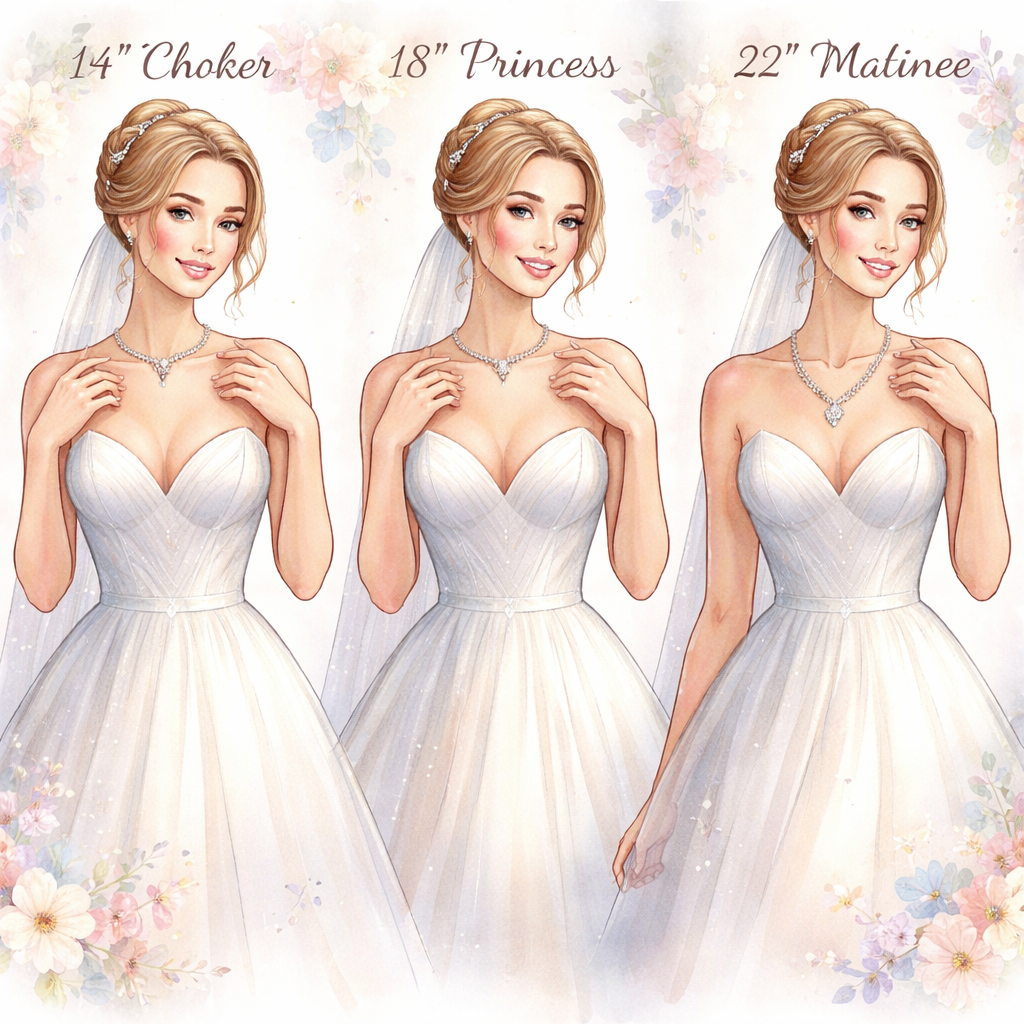 Watercolor illustration of a bride trying on different necklace lengths with a flowing A‑line gown, alt: diamond veneer 