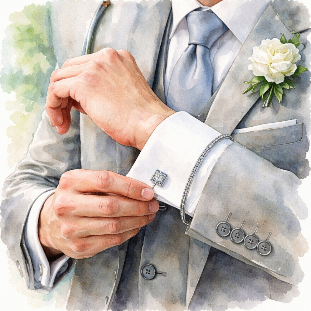 Watercolor scene of a groom adjusting a silver cufflink and a slim diamond‑accented chain, alt: diamond veneer wedding j