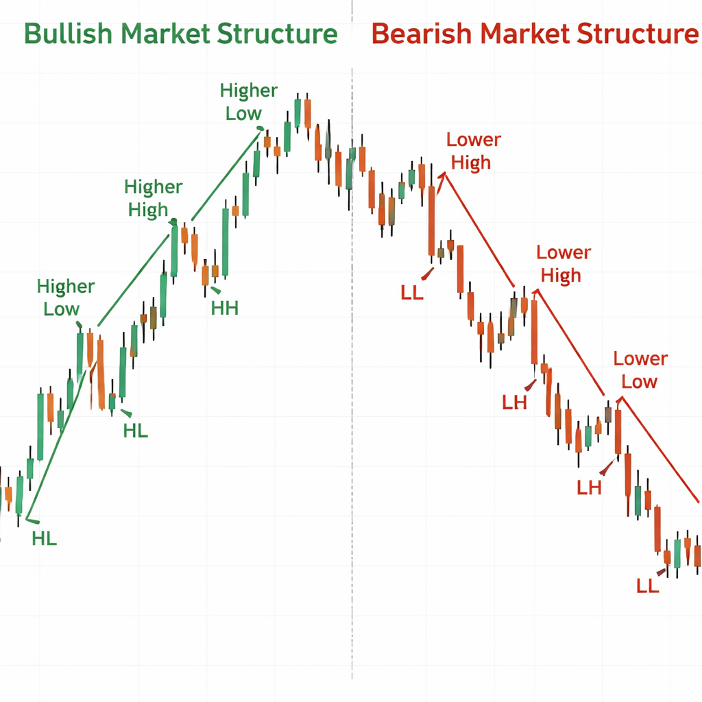 forex market structure chart with labeled swing points