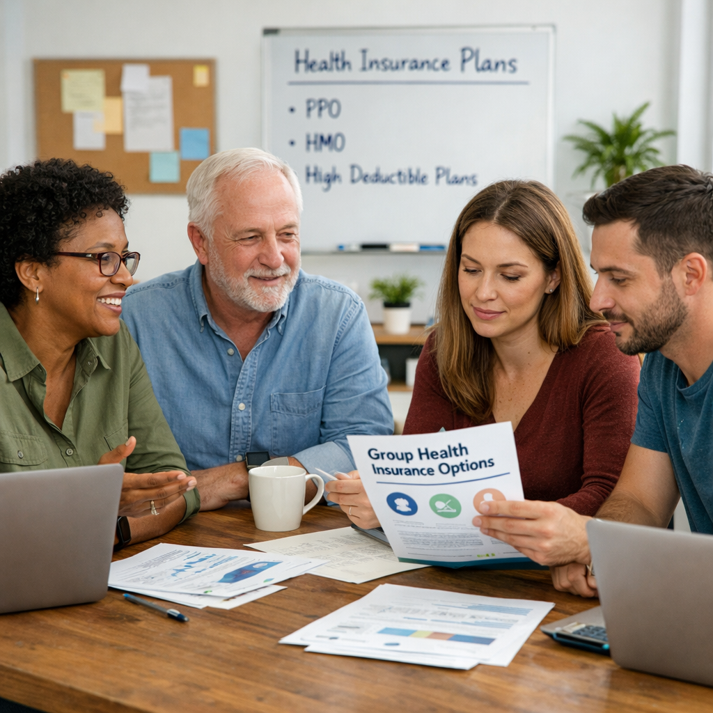 Small nonprofit team reviewing group health insurance options for small nonprofit organizations.