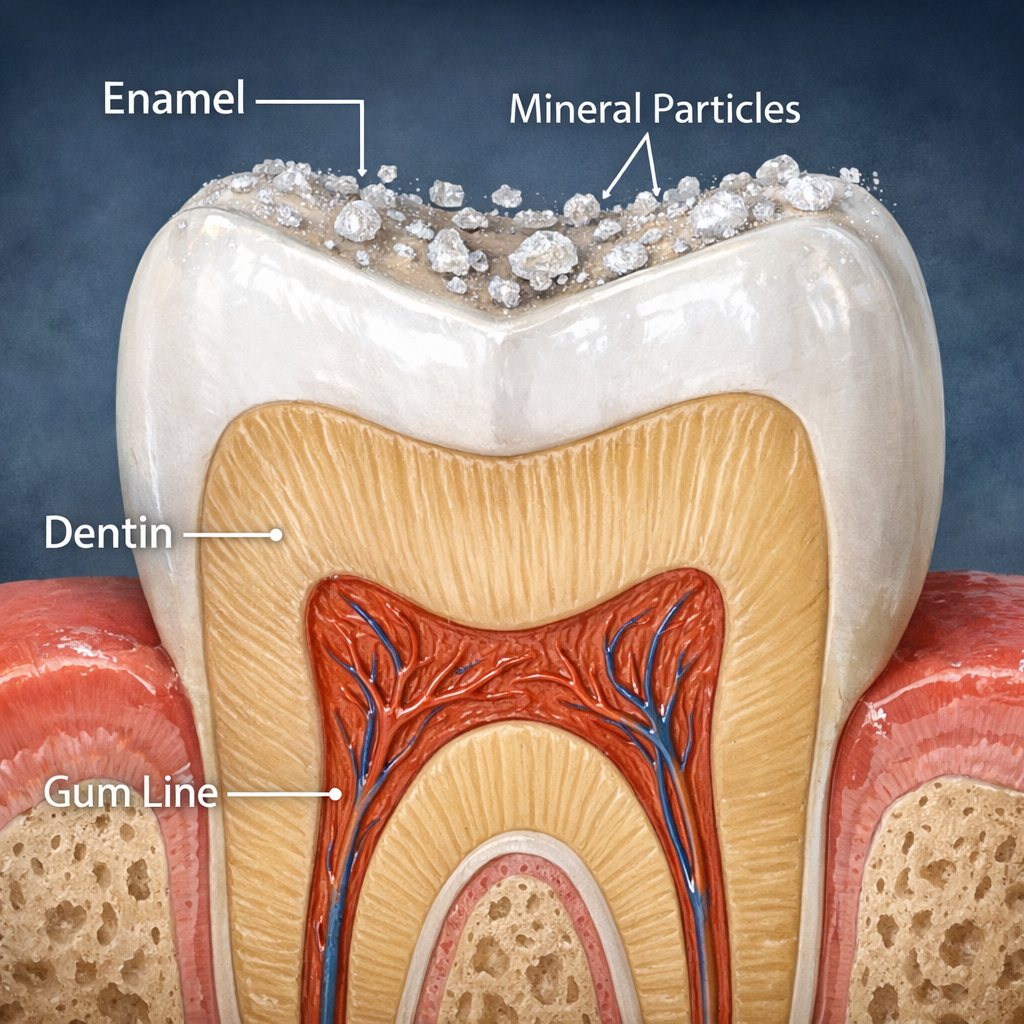 Tooth structure with mineral remineralization process shown.