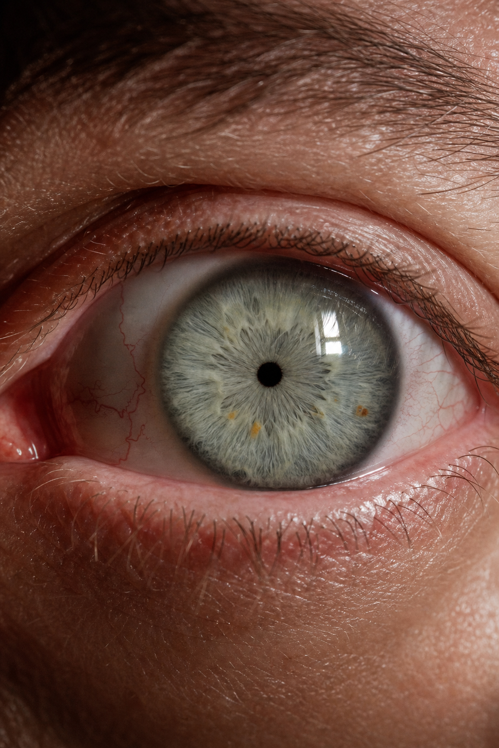 A realistic close‑up of an eye showing pinpoint pupils, dark background, focus on the tiny black circles