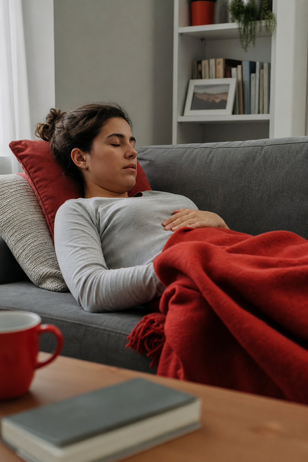 A realistic scene of a person lying on a couch with shallow chest rise, soft lighting