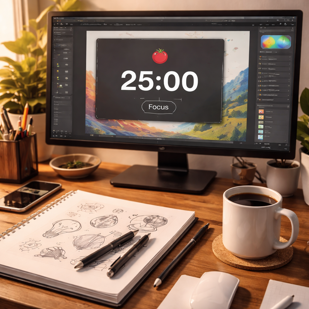 pomodoro timer for graphic designers desk setup