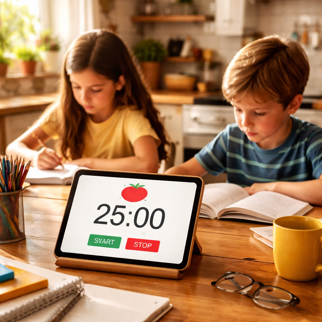 pomodoro timer for homeschooling setup in a kitchen.