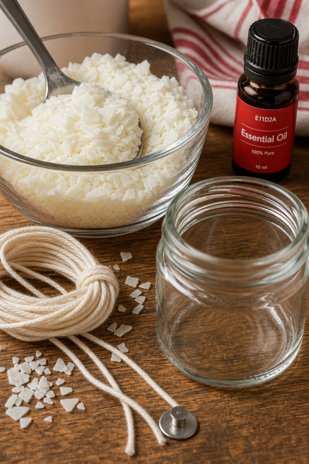 soy wax flakes, cotton wick, essential oil bottle, glass jar for candle making