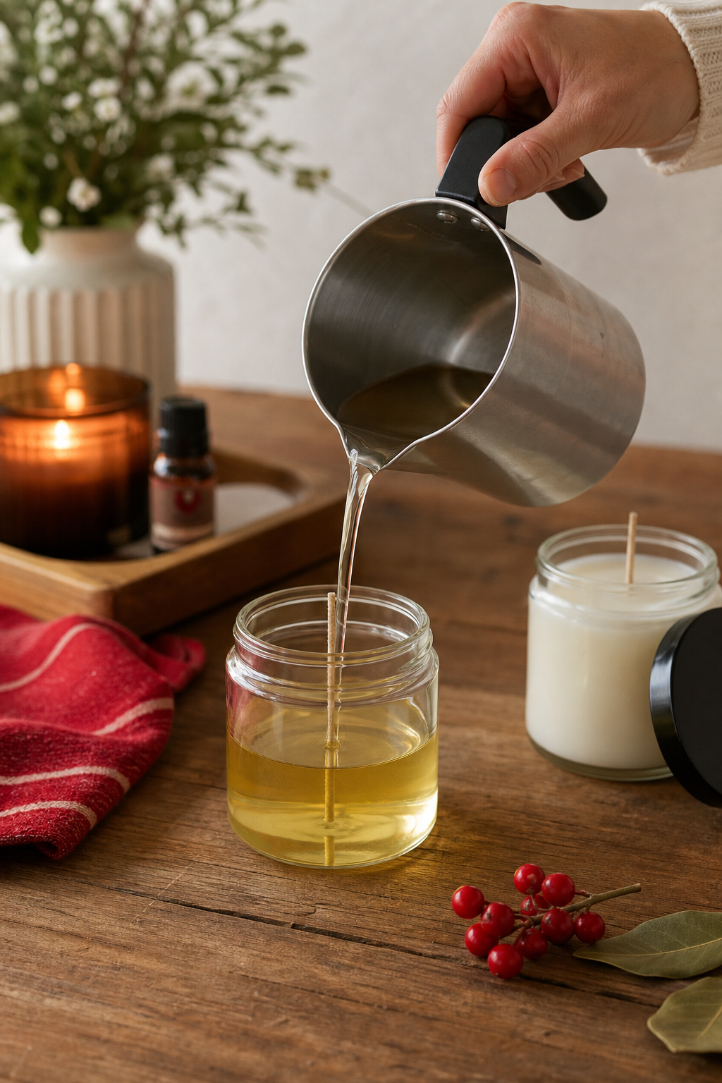 pouring wax into candle jar, wick centered, warm ambient light