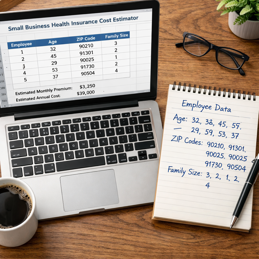 Group health insurance small business cost estimator employee data collection on a laptop and notepad.