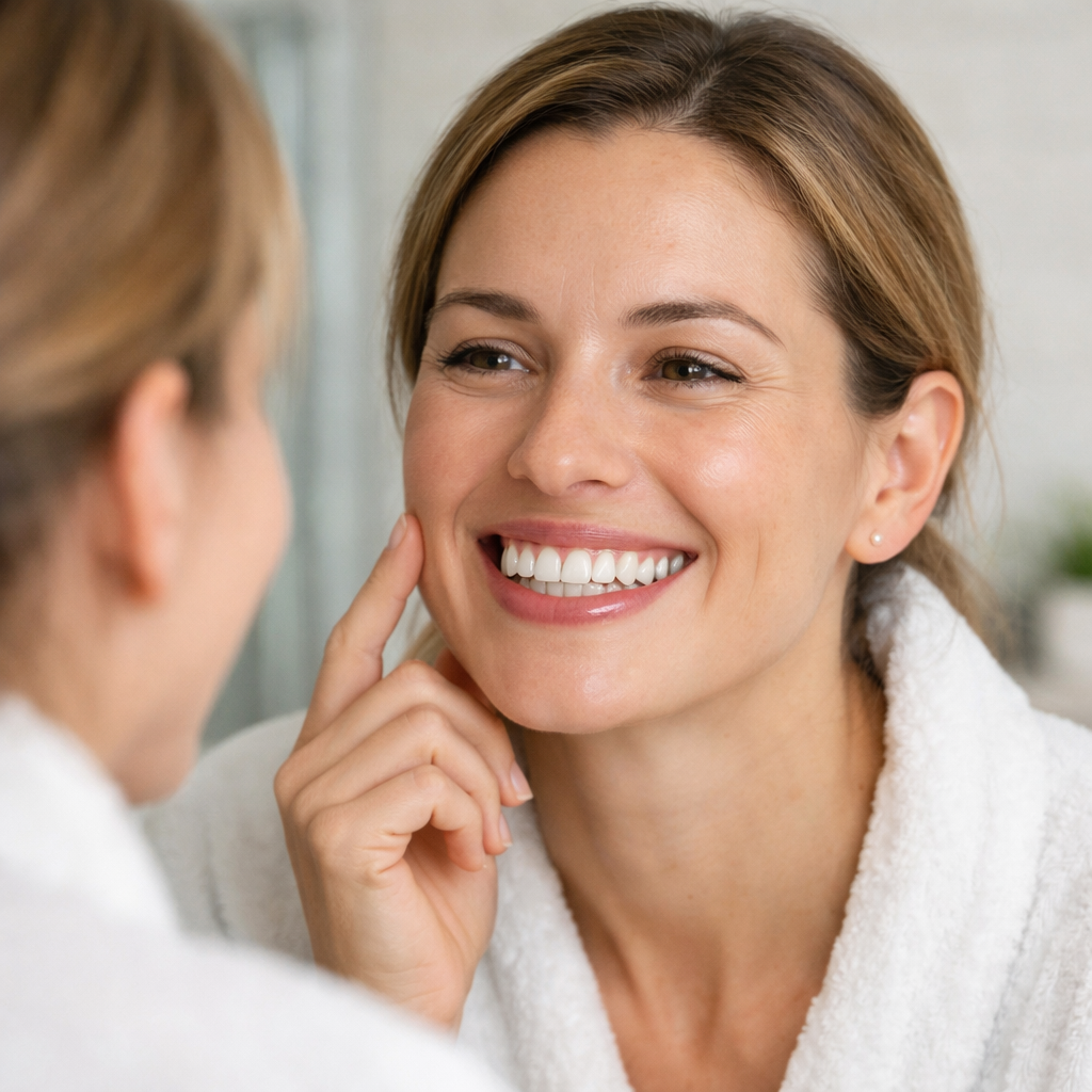 A person checking their smile after consistent use of marine algae toothpaste for whitening, showing gradual results.