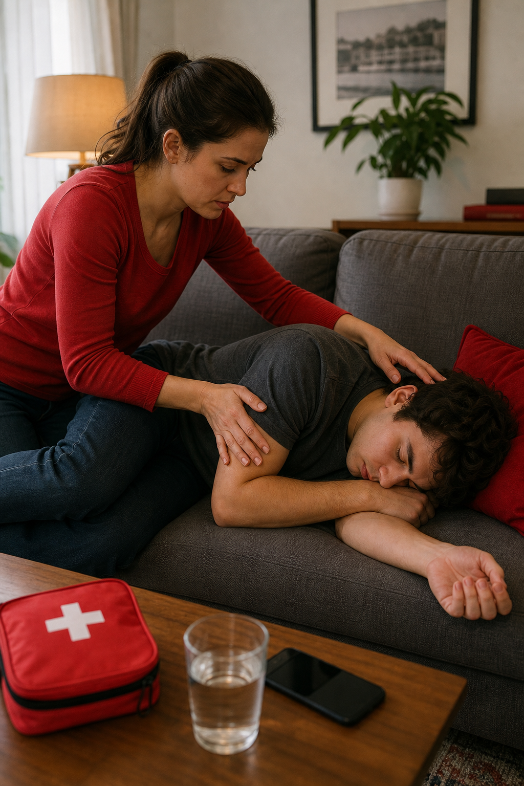 family placing overdose victim in recovery position for safe breathing