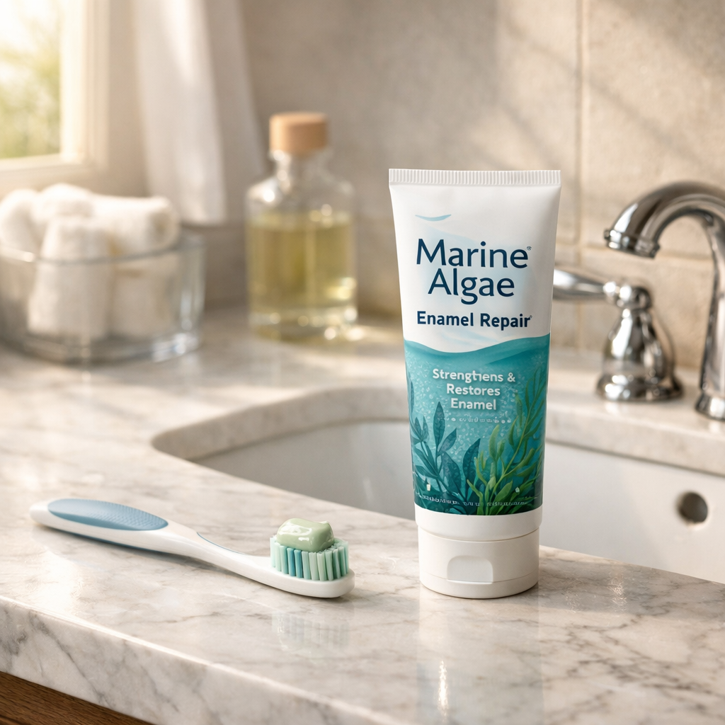 Daily routine setup for using marine algae toothpaste for enamel repair.
