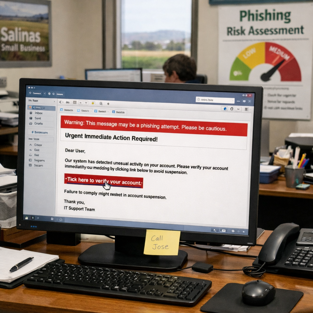 A realistic office scene showing a computer screen with a suspicious email highlighted, alt: phishing risk assessment in