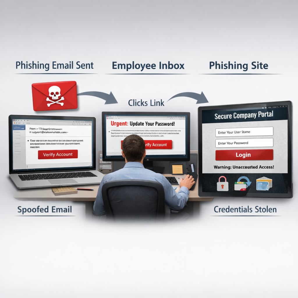 An illustrated flowchart showing a phishing email scenario from sender to employee inbox to landing page, alt: realistic