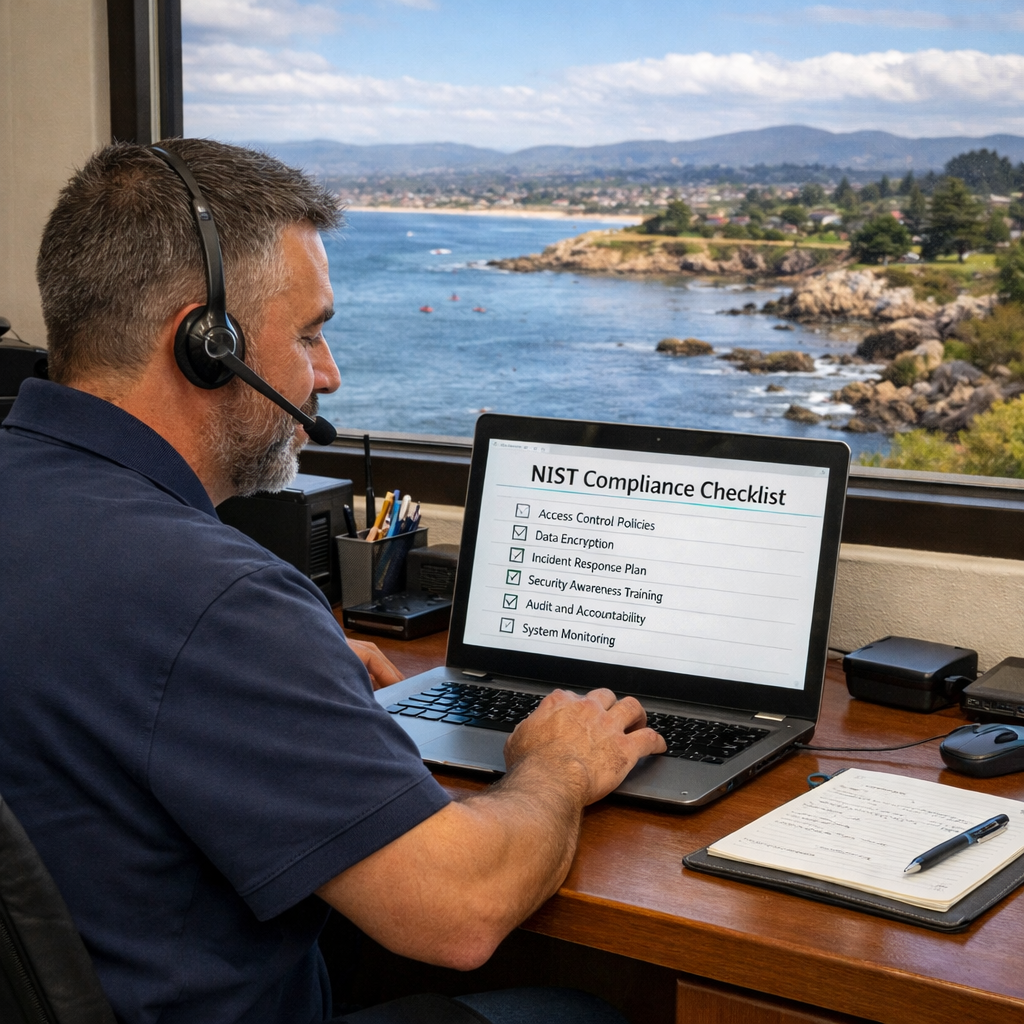 A realistic office scene showing a local IT consultant reviewing a NIST compliance checklist on a laptop, with Monterey