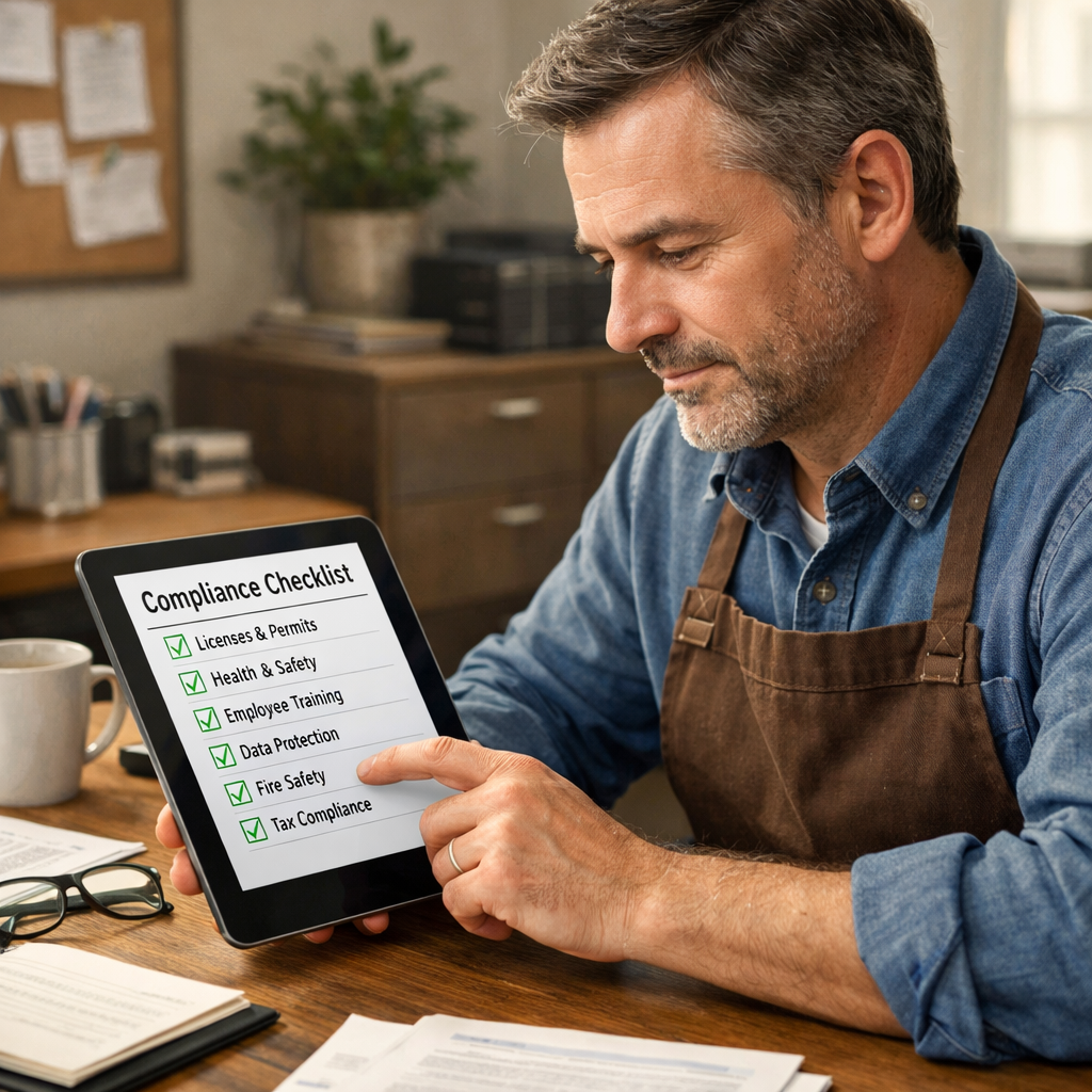 A realistic illustration of a small business owner reviewing a compliance checklist on a tablet, with a calm office back