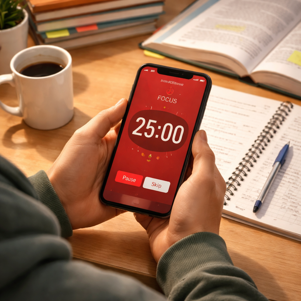 student using pomodoro timer app for focused study