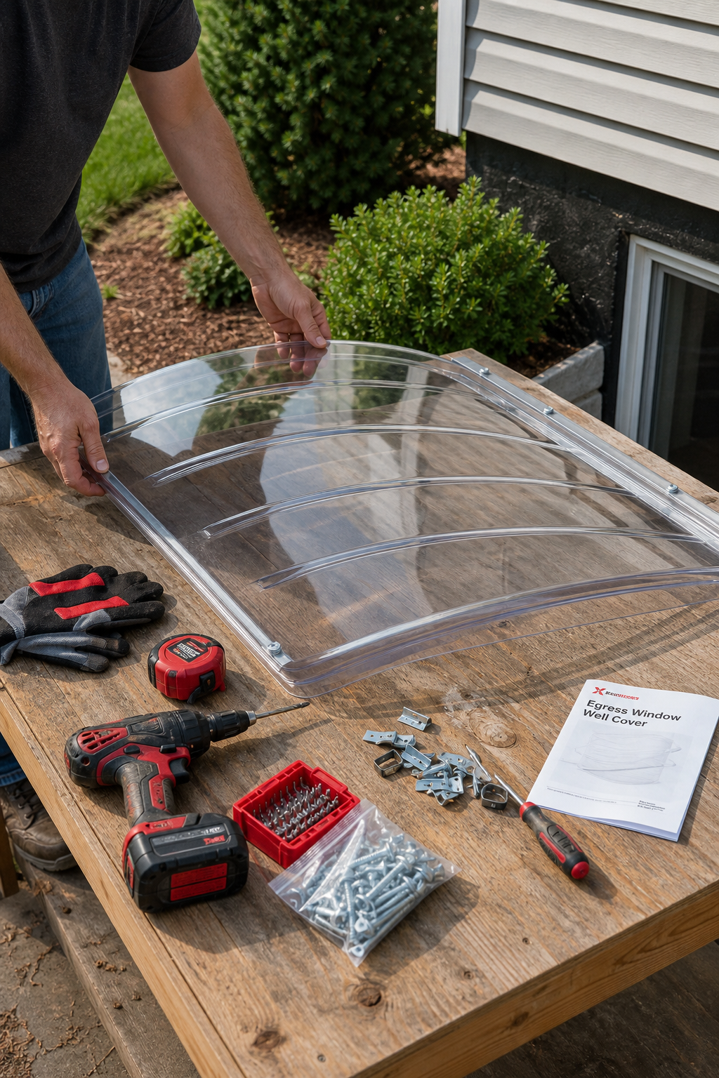 A realistic outdoor scene showing a homeowner’s hands spreading out a set of tools and a clear polycarbonate window well