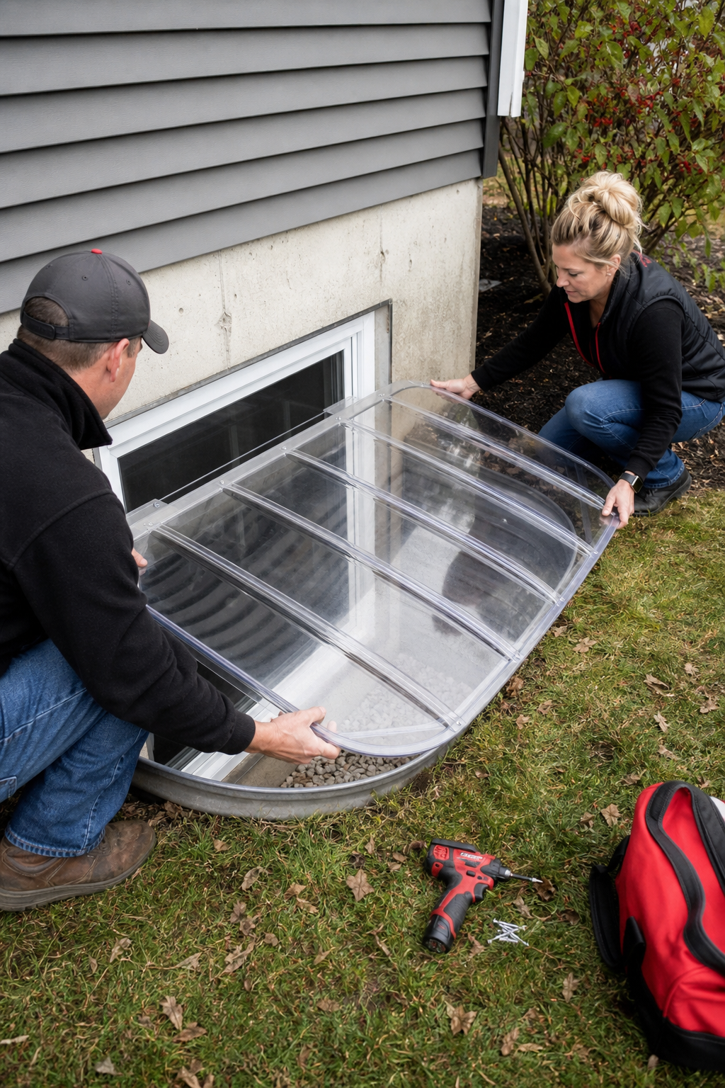 A realistic outdoor scene showing a homeowner positioning a clear polycarbonate window well cover over a basement egress