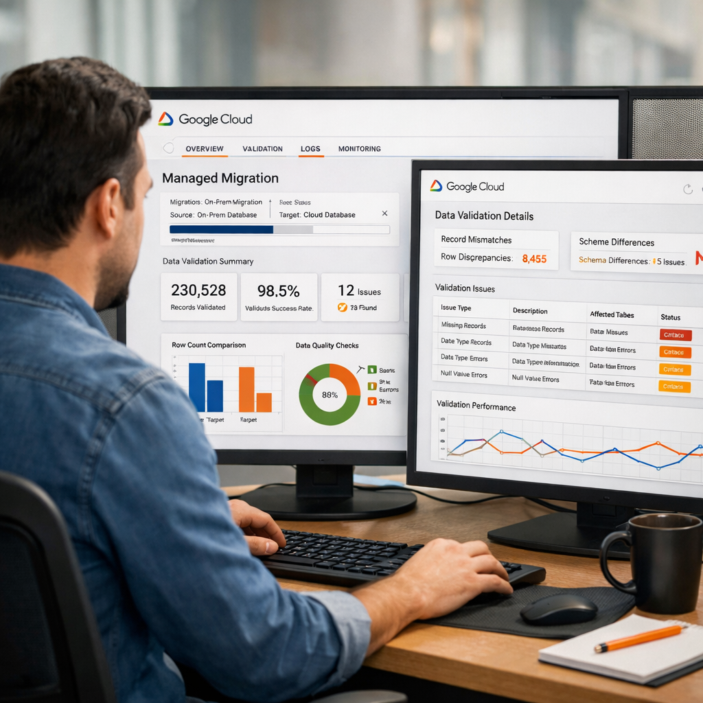 Google Cloud Managed Migration dashboard with data validation metrics