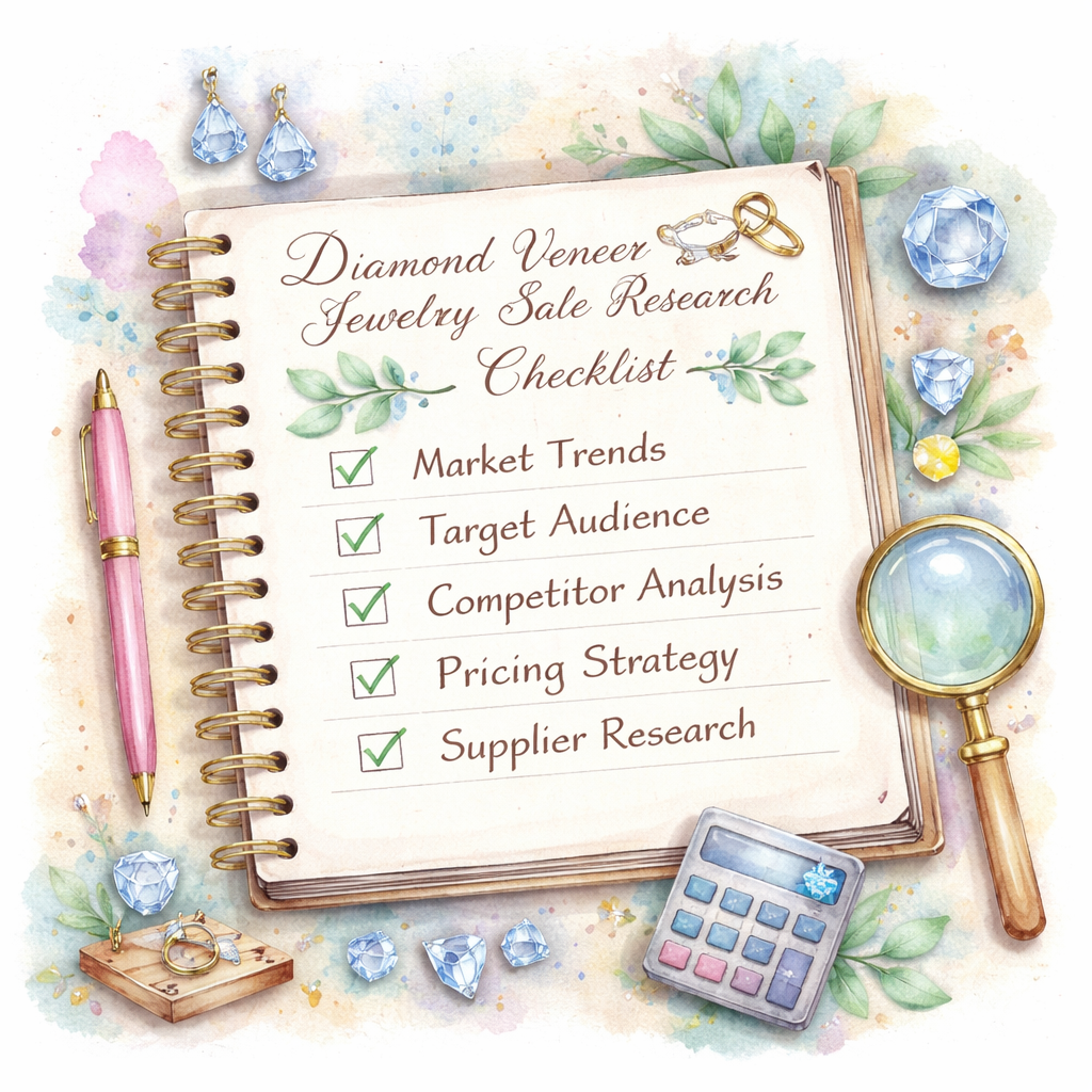 Watercolor illustration of a notebook with a checklist, alt: diamond veneer jewelry sale research checklist