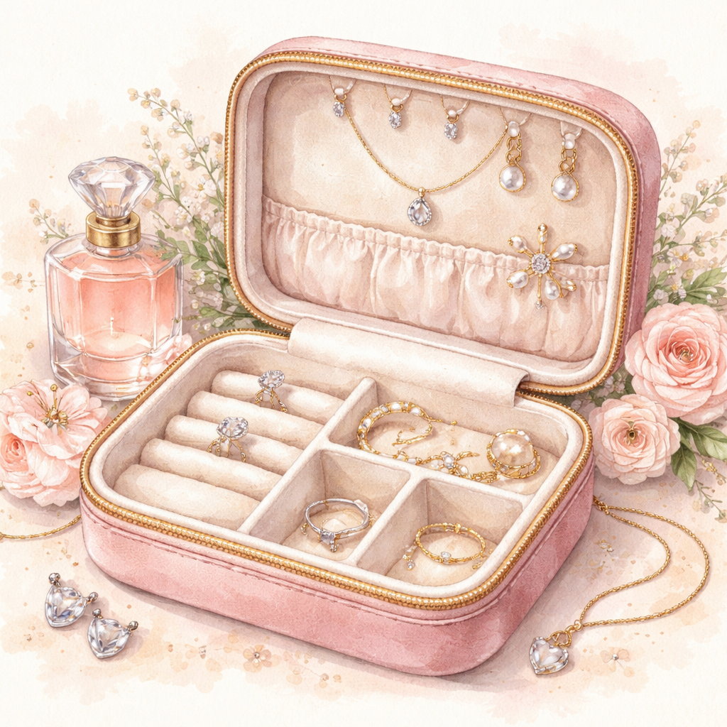 Watercolor scene of a travel jewelry case with soft lining, alt: diamond veneer jewelry sale travel care illustration