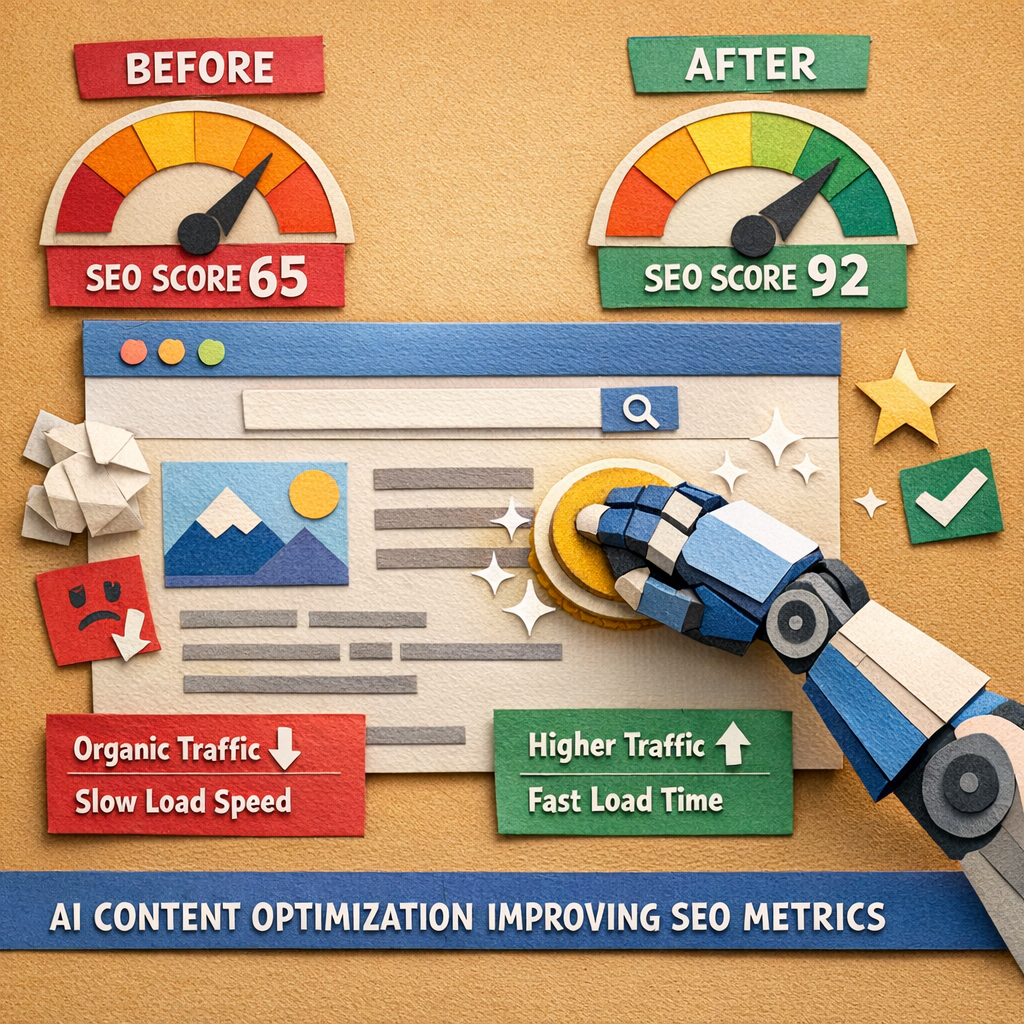 A papercraft style illustration of a robot arm polishing a webpage, showing before‑and‑after SEO scores, alt: "AI conten