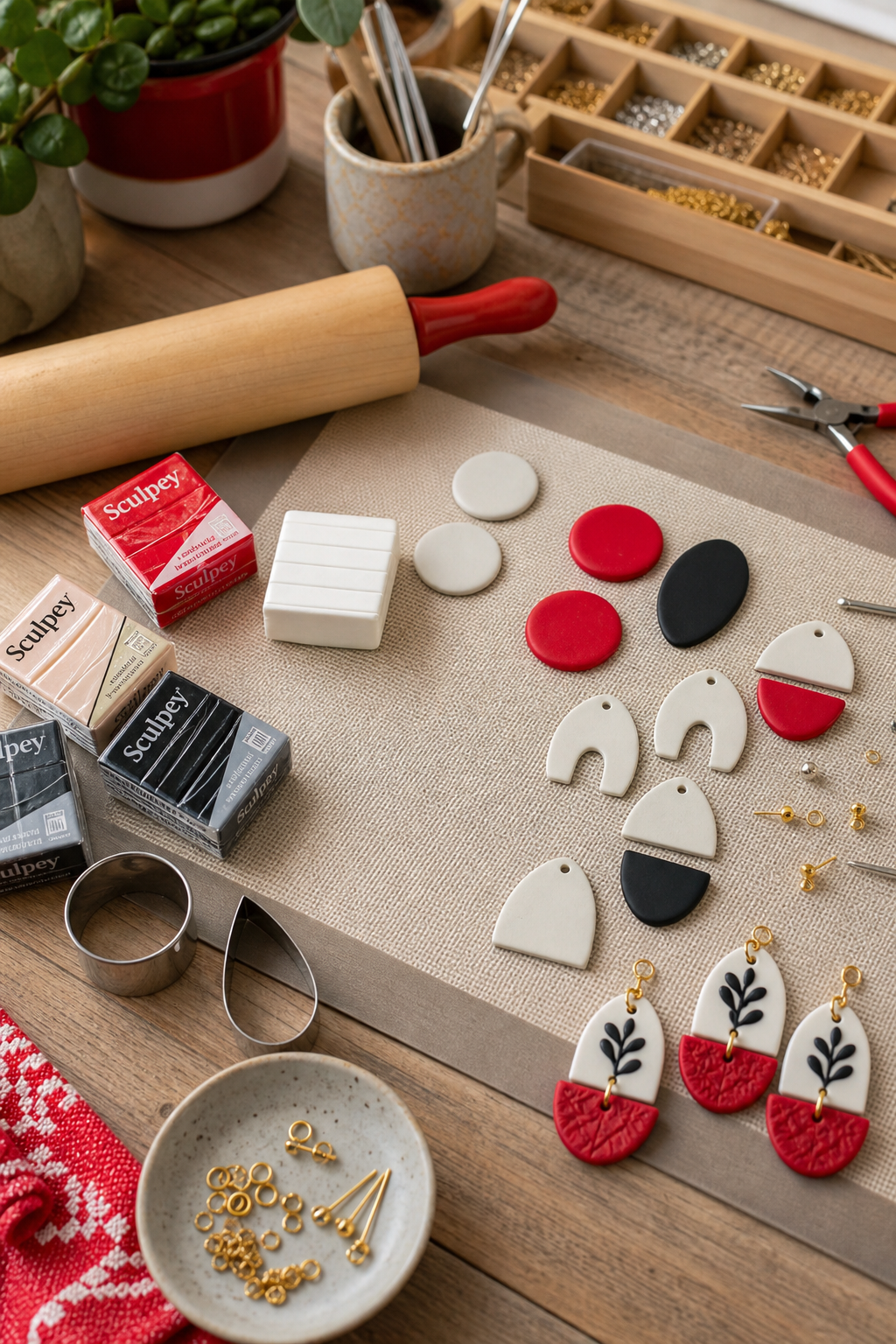 polymer clay earrings tutorial materials laid out on a workbench