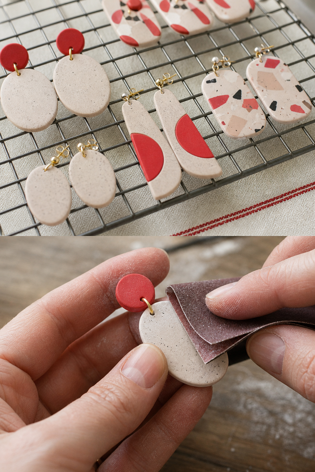 polymer clay earrings after baking, being sanded for smooth finish