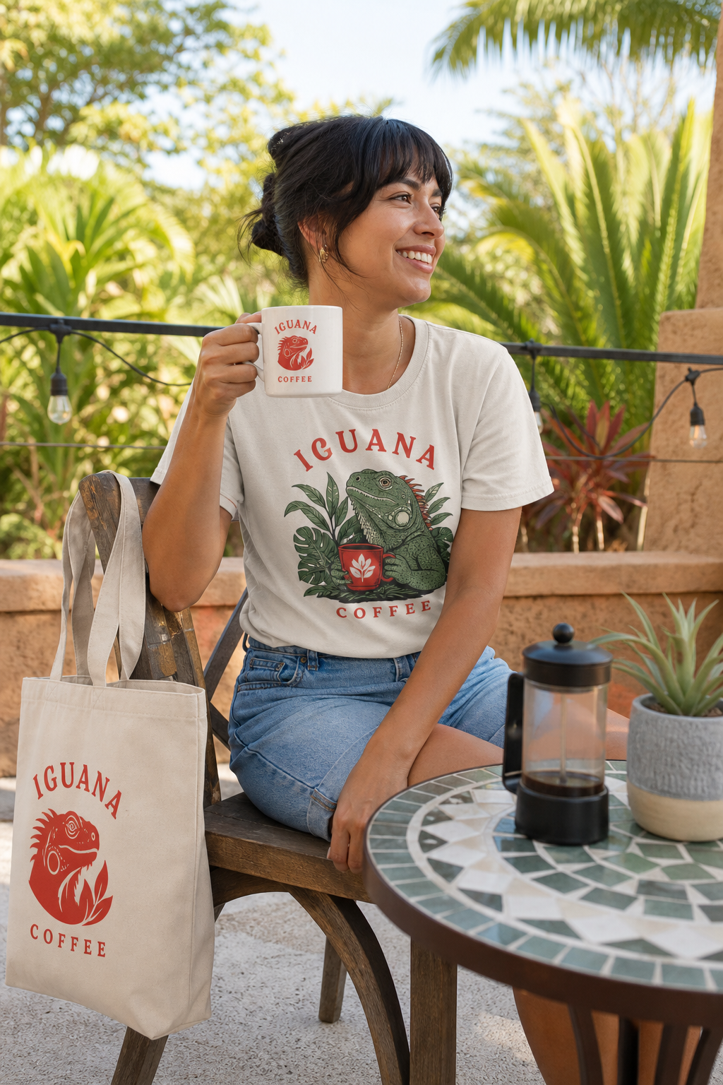 enjoying iguana coffee merchandise outdoors