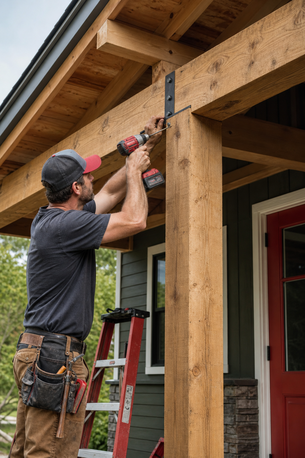 installing support beams for porch roof
