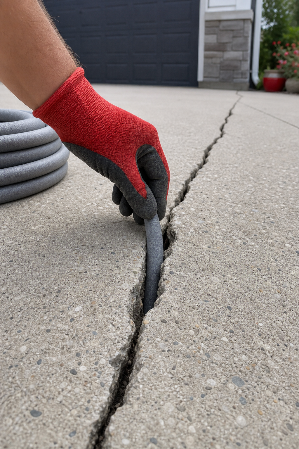 A realistic photo of a hand inserting a foam backer rod into a specific driveway crack, showing the tool and the crack d